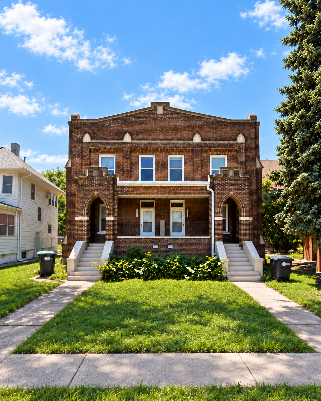 The brick Opportunity Campus building, with front steps and a green lawn.